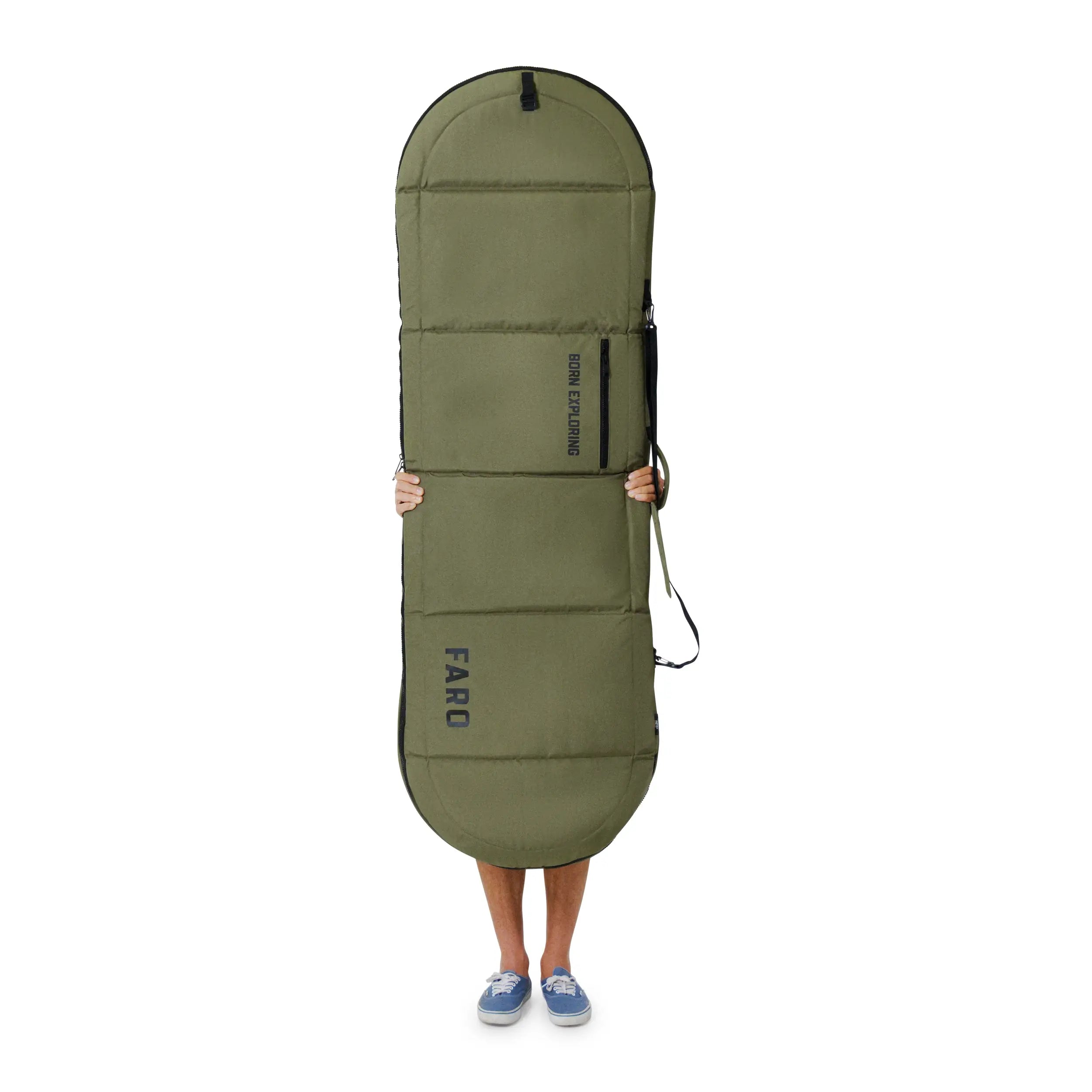 Green board bag held by a person on a white background