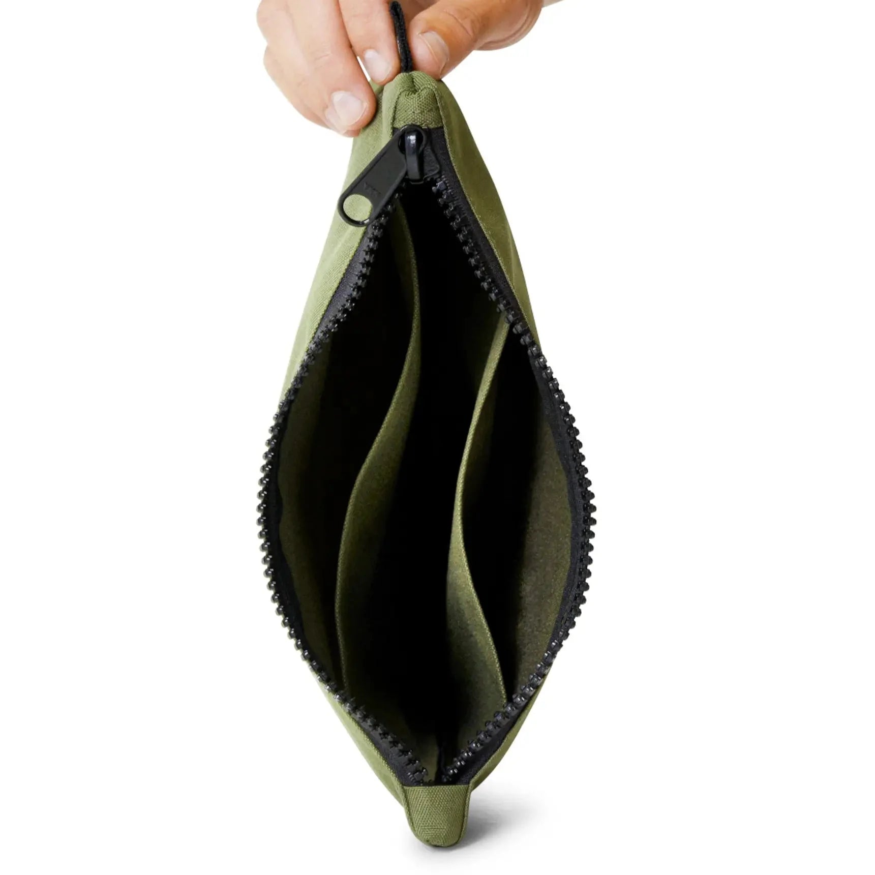 Hand holding a green pouch with a black zipper on a white background