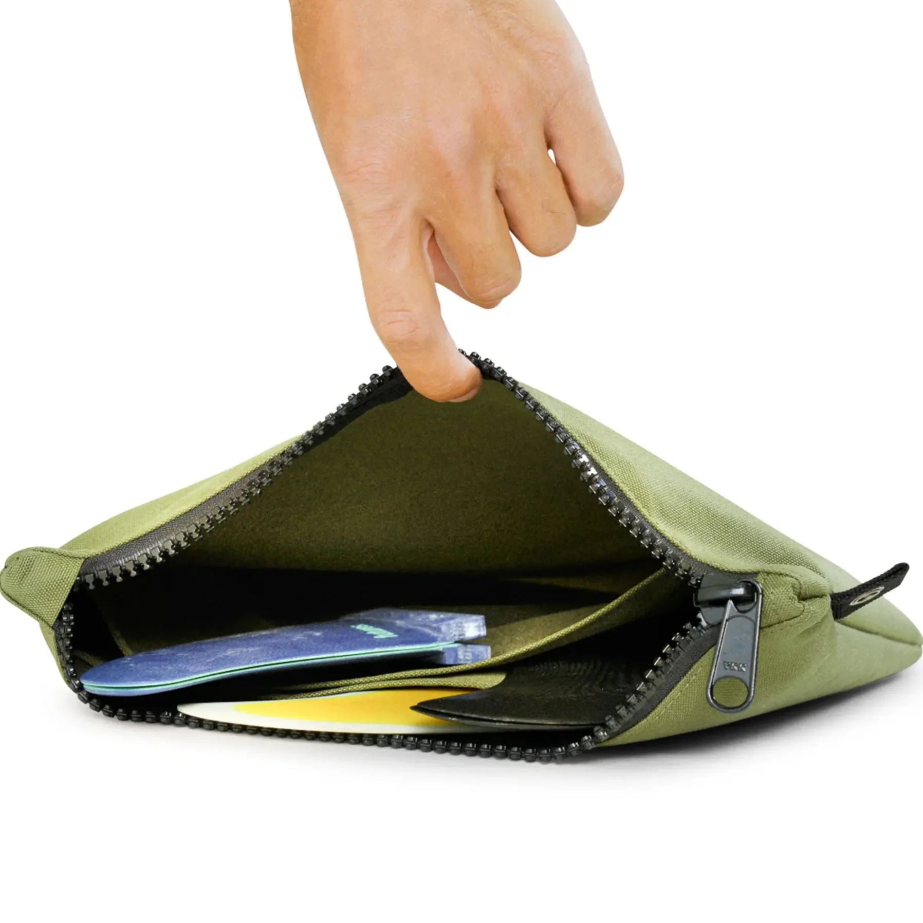 Green pouch with a hand reaching in to retrieve items on a white background